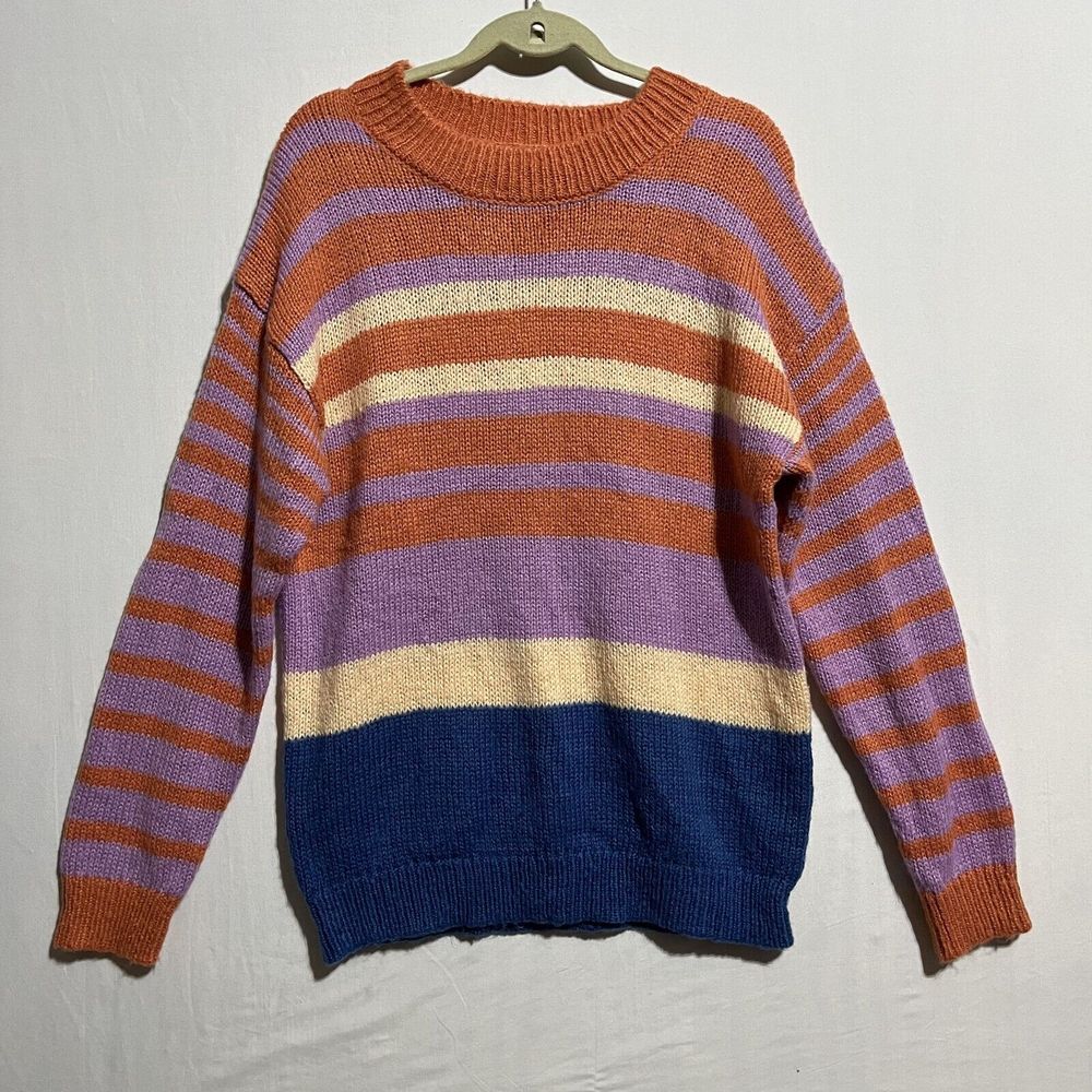 O'Neill Sweater Womens Medium Purple Striped‎ Chunky Knit Acrylic Crew Neck